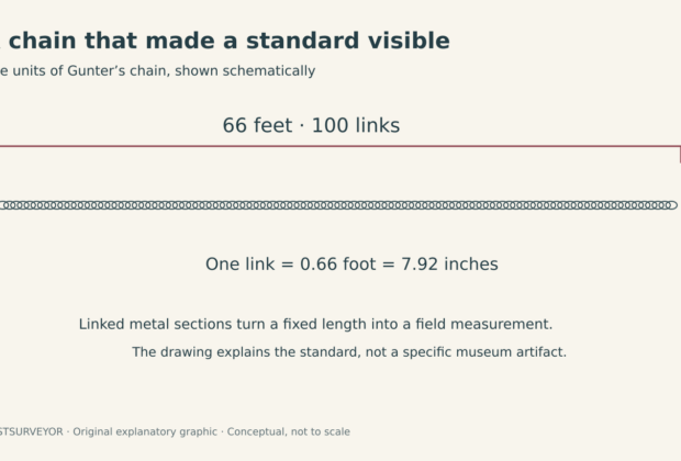 A schematic Gunter’s chain with 100 links, 66 feet overall, and 7.92 inches per link.
