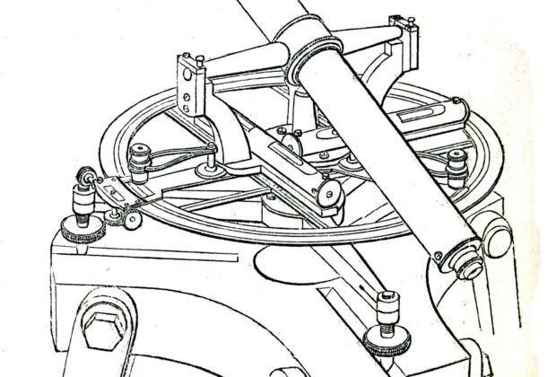 An engraved theodolite showing a telescope, vertical angle circle, and horizontal graduated circle.