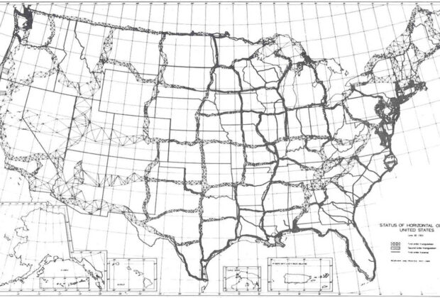 The U.S. horizontal control network as it stood in June 1931, showing connected survey work rather than a collection of isolated local maps.