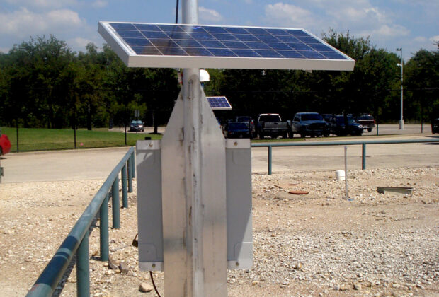 CORS reference station LCRH at Spicewood, Texas: a fixed GNSS antenna provides repeated observations tied to a stable site.