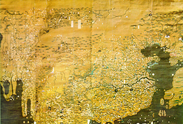 The Da Ming Hunyi Tu, a historical Chinese map with colored landforms, waterways, and written labels.
