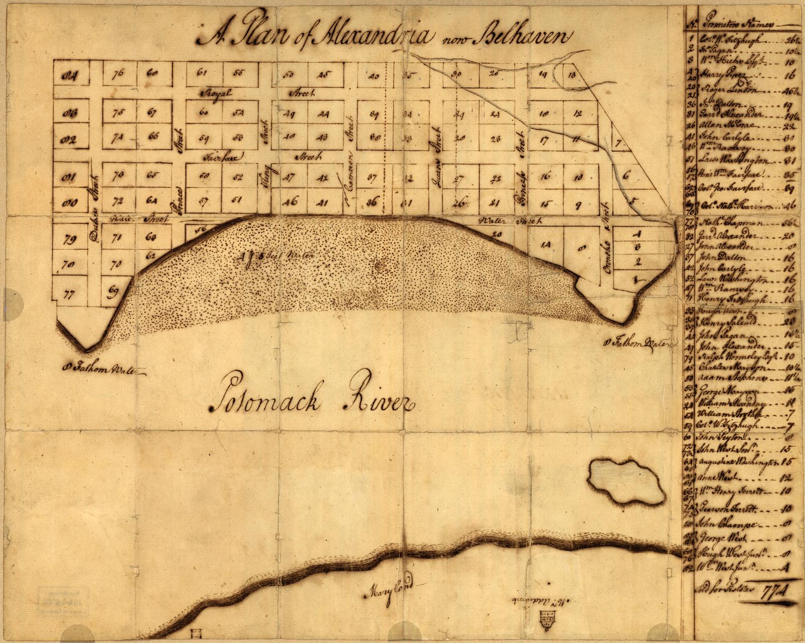 George Washington's 1749 plan of Alexandria, showing numbered waterfront lots, named streets and an indexed list of proprietors; north is to the right.