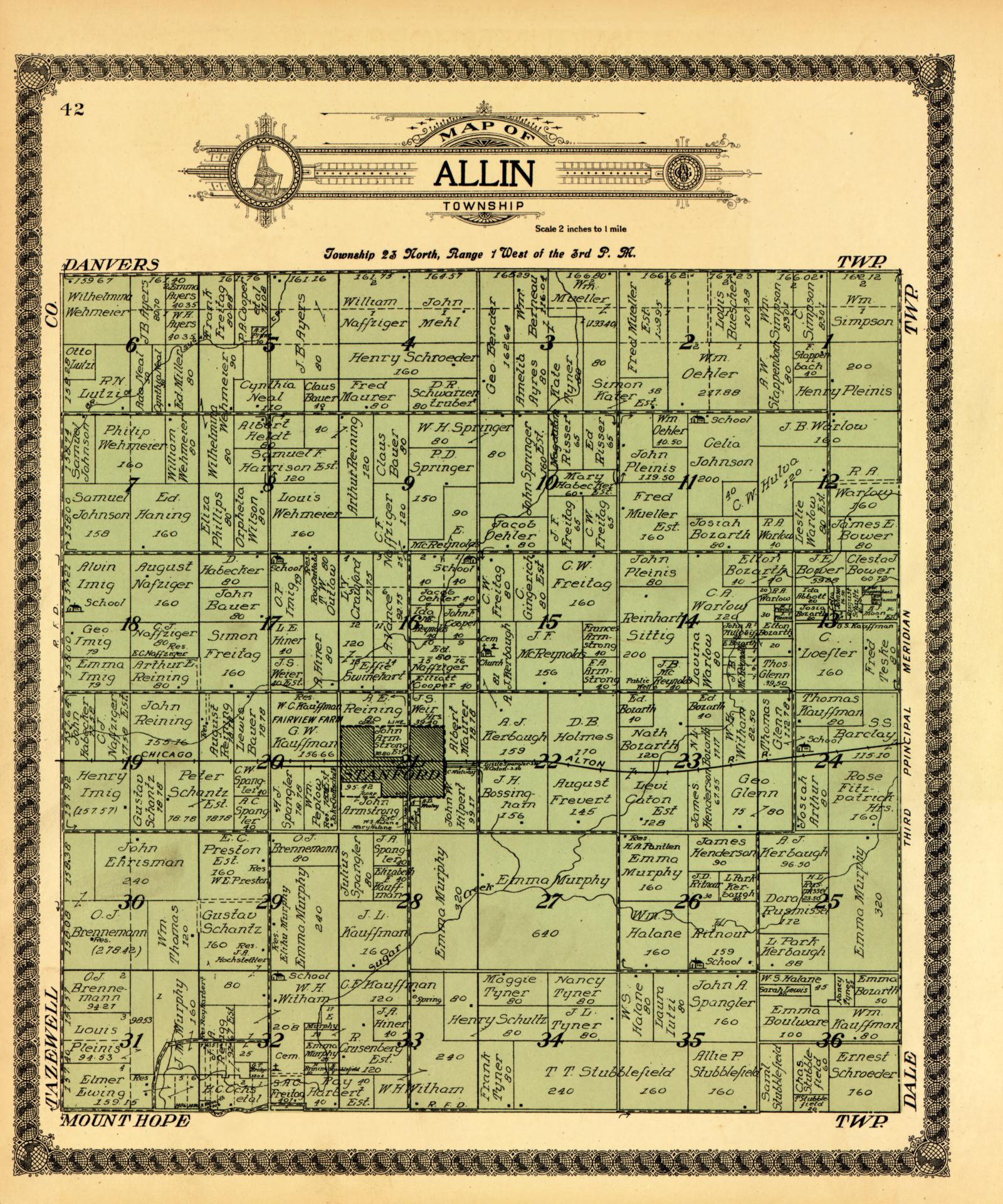 1914 map of Allin Township, Illinois, with 36 numbered sections, landowner names, acreages, schools, railroad and Stanford townsite.