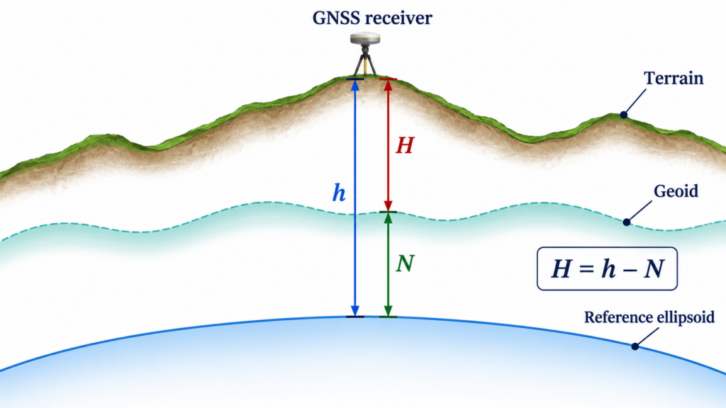 Diagram showing orthometric height H equals ellipsoid height h minus geoid undulation N.