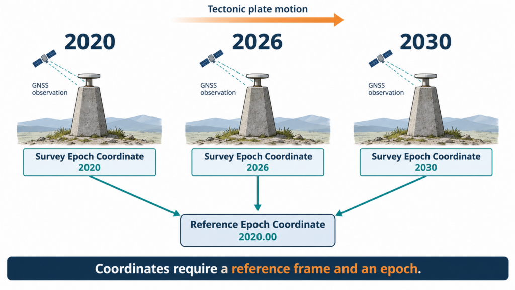 Time-dependent coordinate workflow comparing survey epochs to one reference epoch.