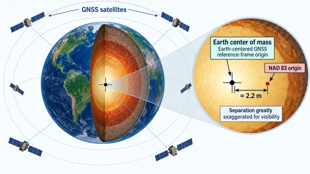 Simplified globe showing a two-meter-scale separation between the NAD 83 origin and Earth’s center of mass.