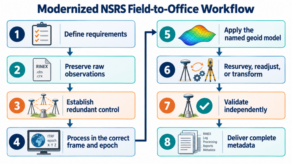 Eight-step survey workflow for transitioning projects to the modernized NSRS.