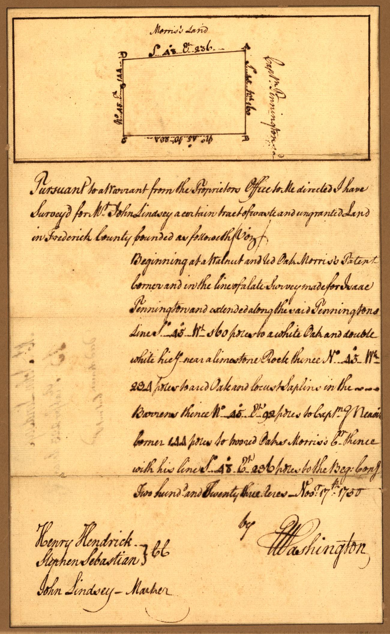 George Washington's signed 1750 survey of 223 acres for John Lindsey, with a lettered plat above handwritten courses, distances and corner descriptions.