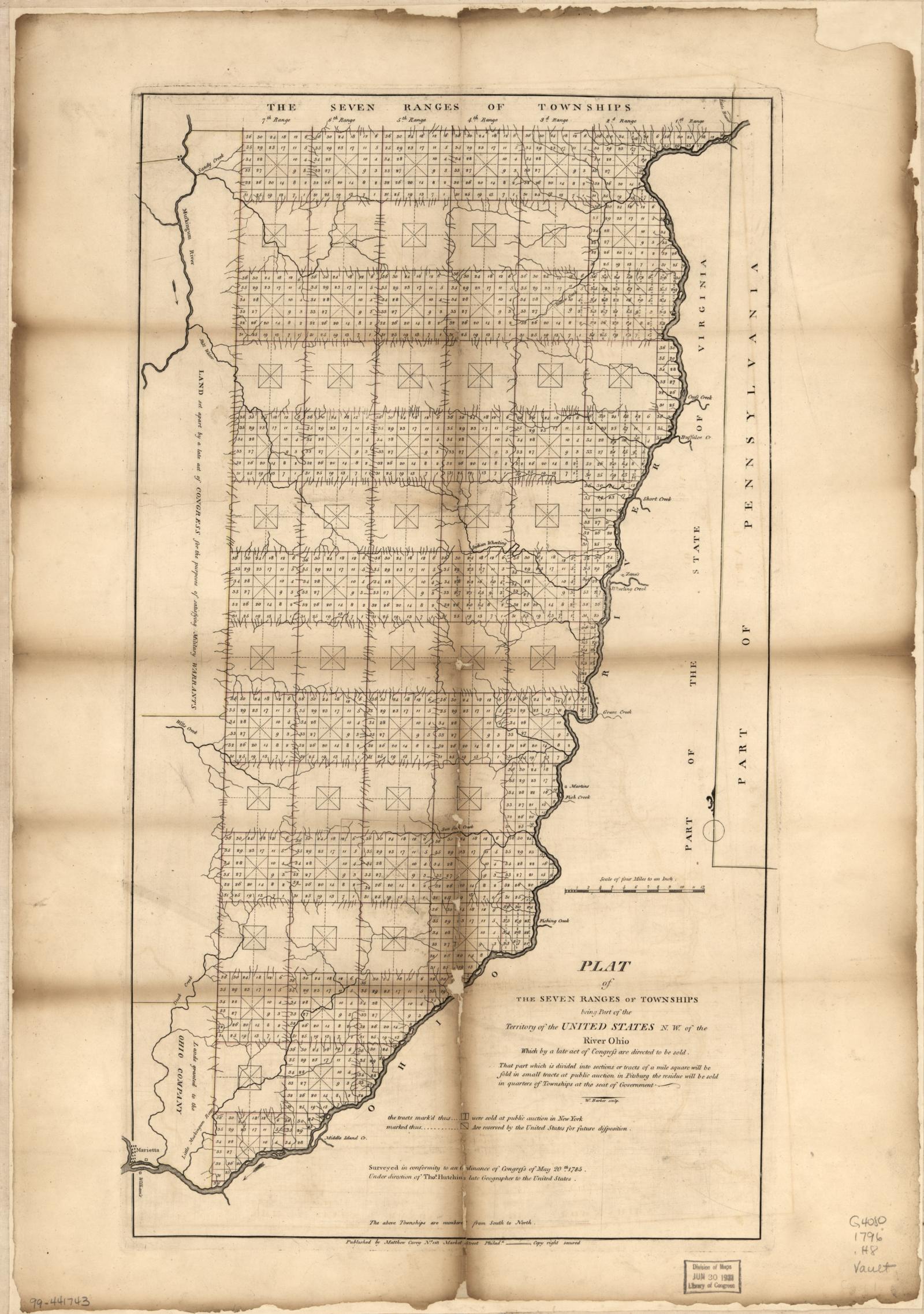 Printed plat of the Seven Ranges, with townships arranged west of Pennsylvania and bounded by the winding Ohio River.