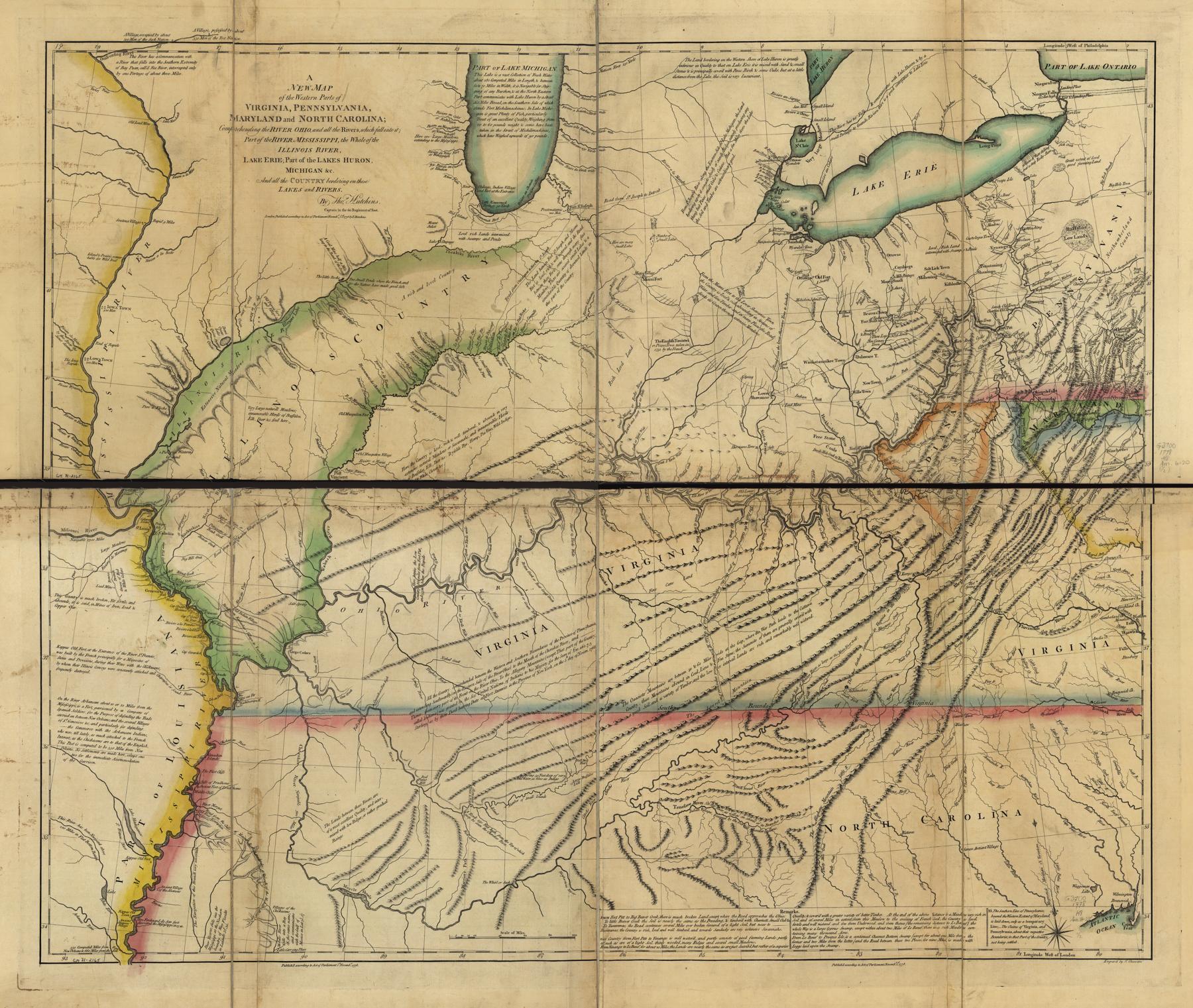 Thomas Hutchins's 1778 map of the Ohio country and surrounding Great Lakes and Mississippi drainage, showing rivers, settlements and routes.