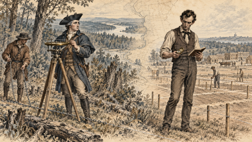 Modern illustration of George Washington and Abraham Lincoln at surveying work in separate historical scenes.