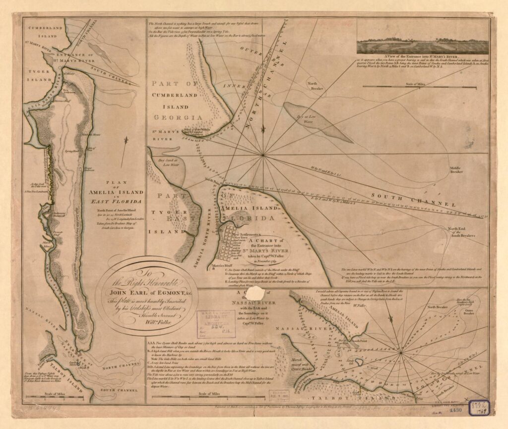 Plan of Amelia Island in East Florida, with charts of St. Mary’s and Nassau rivers — complete historical map sheet