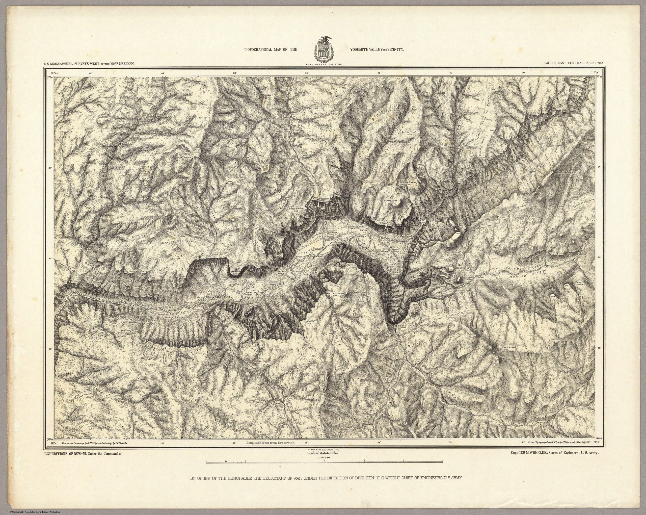 Topographical Map of the Yosemite Valley and Vicinity, Preliminary Edition; complete map with original borders and legend