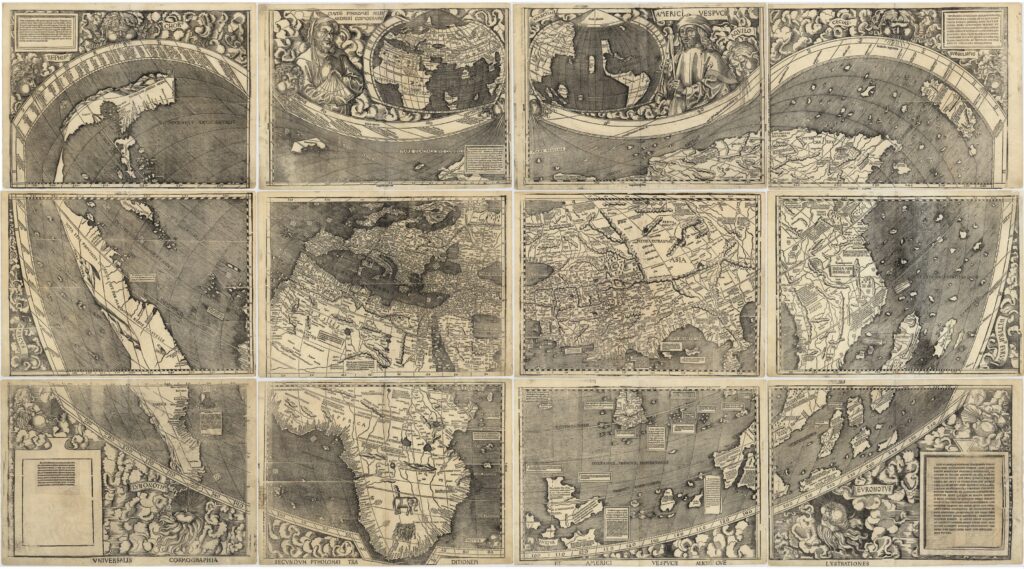Waldseemüller's world map, Universalis cosmographia, with the continents arranged across its printed sheets.