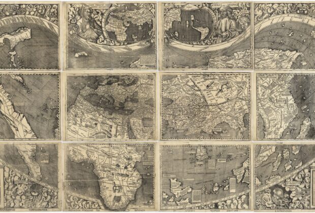 Waldseemüller's world map, Universalis cosmographia, with the continents arranged across its printed sheets.