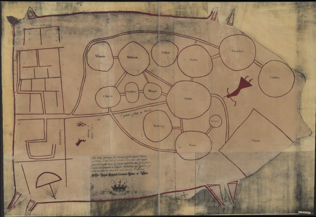 1929 facsimile of the Catawba deerskin map, showing communities and their connections.