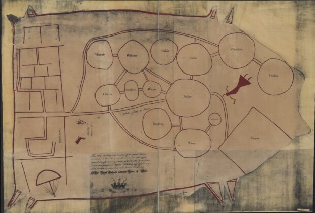 1929 facsimile of the Catawba deerskin map, showing communities and their connections.