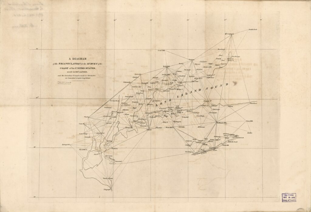 United States Coast Survey triangulation diagram for Connecticut and Long Island, showing work in 1817 and 1833–1834.