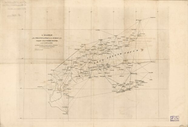 United States Coast Survey triangulation diagram for Connecticut and Long Island, showing work in 1817 and 1833–1834.