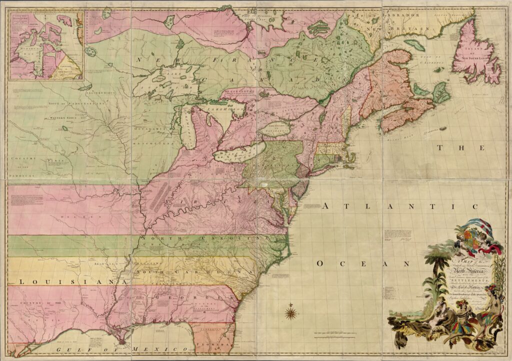 A map of the British and French dominions in North America, with the roads, distances, limits, and extent of the settlements