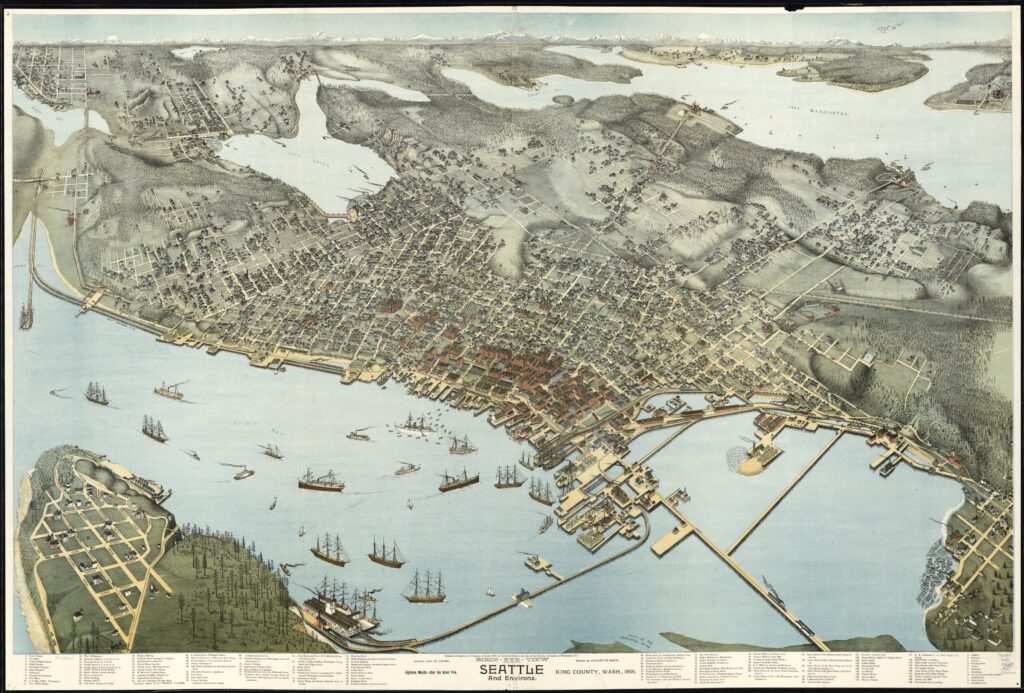 Bird's-eye map of Seattle and surrounding King County, Washington, in 1891.