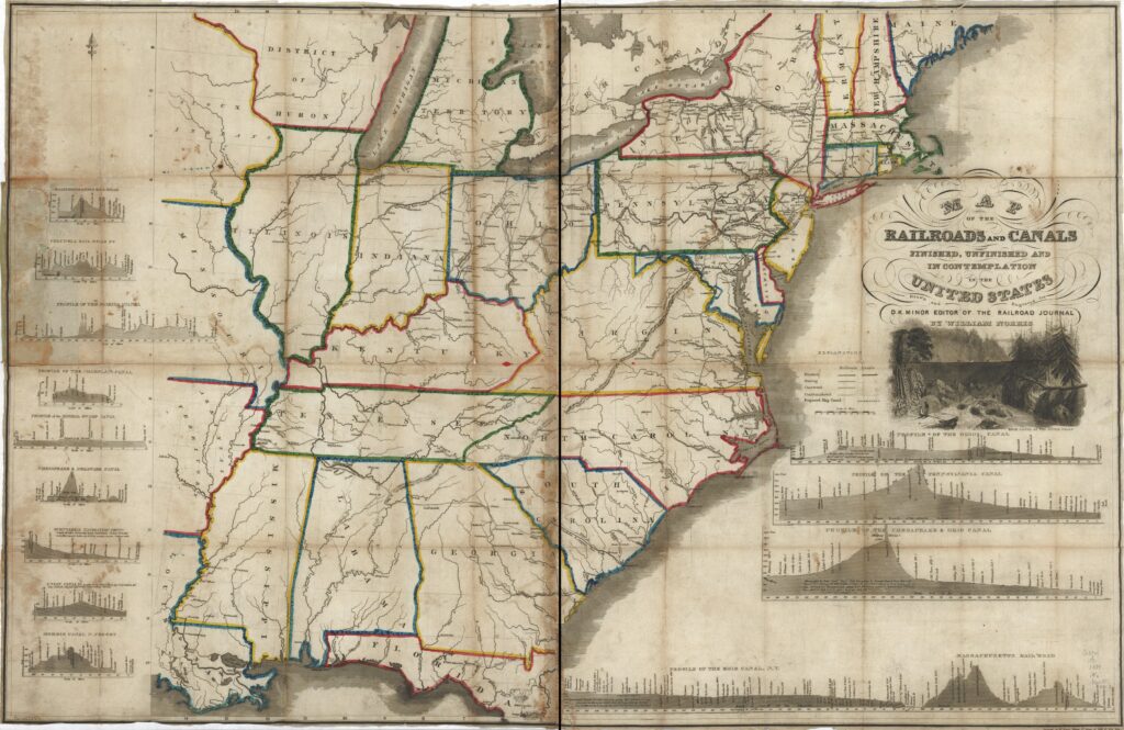 Map of United States railroads and canals, distinguishing finished, unfinished and proposed routes.