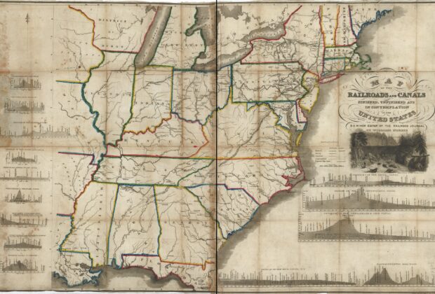 Map of United States railroads and canals, distinguishing finished, unfinished and proposed routes.