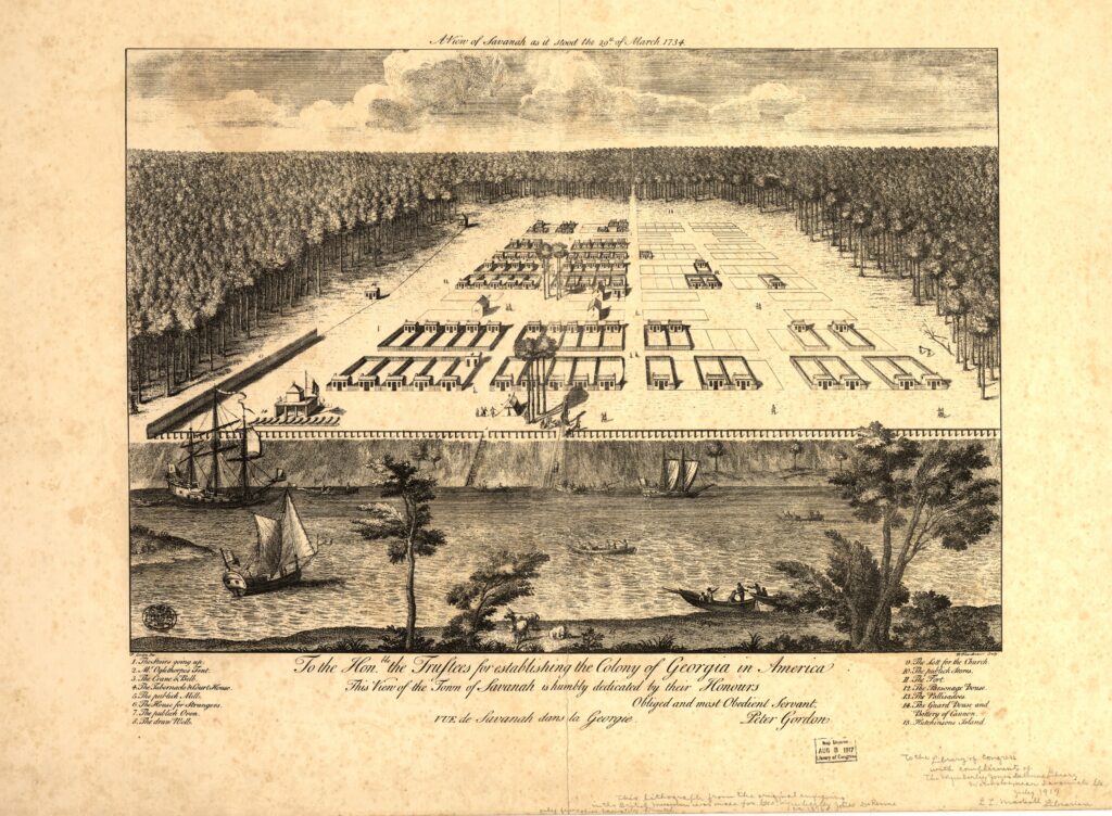 1876 reproduction of a view showing Savannah as it stood on March 29, 1734.