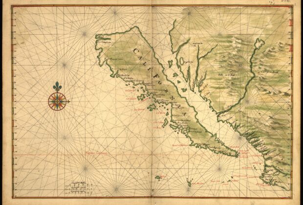 Historical map depicting California as an island separated from mainland North America.