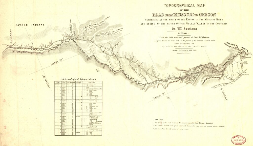 Topographical map of the road from Missouri to Oregon, commencing at the mouth of the Kansas in the Missouri River and ending at the mouth of the Walla-Wallah in the Columbia — Section 1 of 7