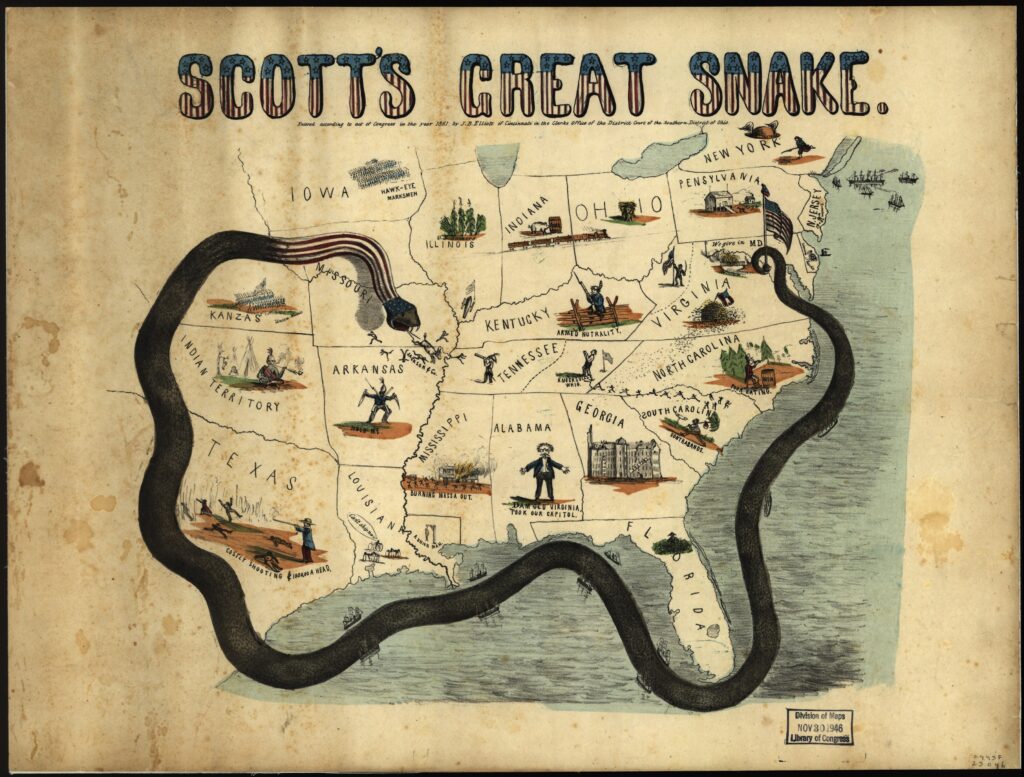 1861 pictorial map depicting the Union blockade strategy as a snake surrounding the Confederate states.