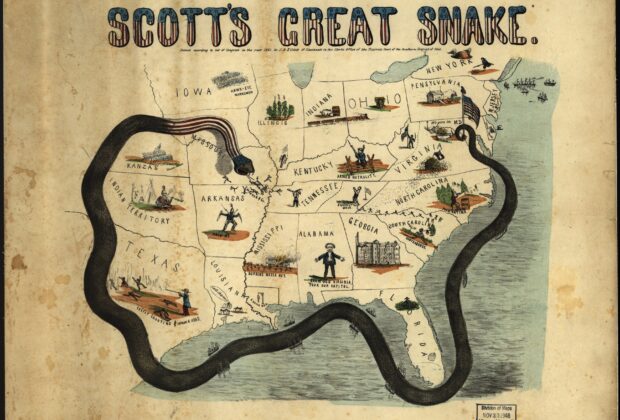 1861 pictorial map depicting the Union blockade strategy as a snake surrounding the Confederate states.