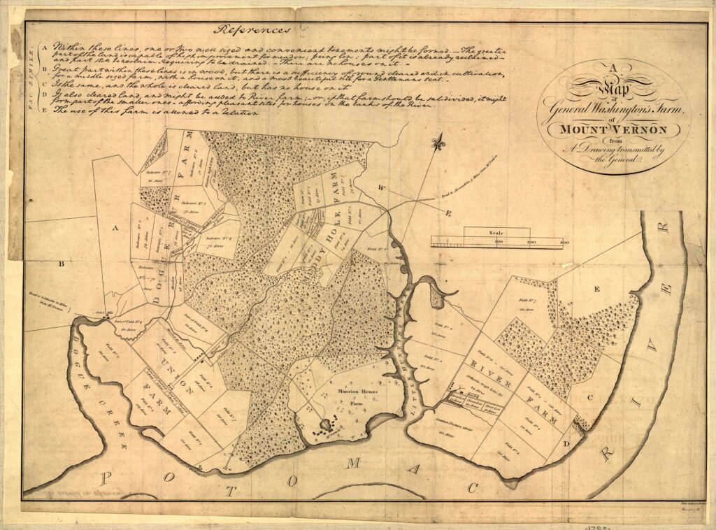 Map of George Washington's Mount Vernon farm, based on a drawing transmitted by Washington.