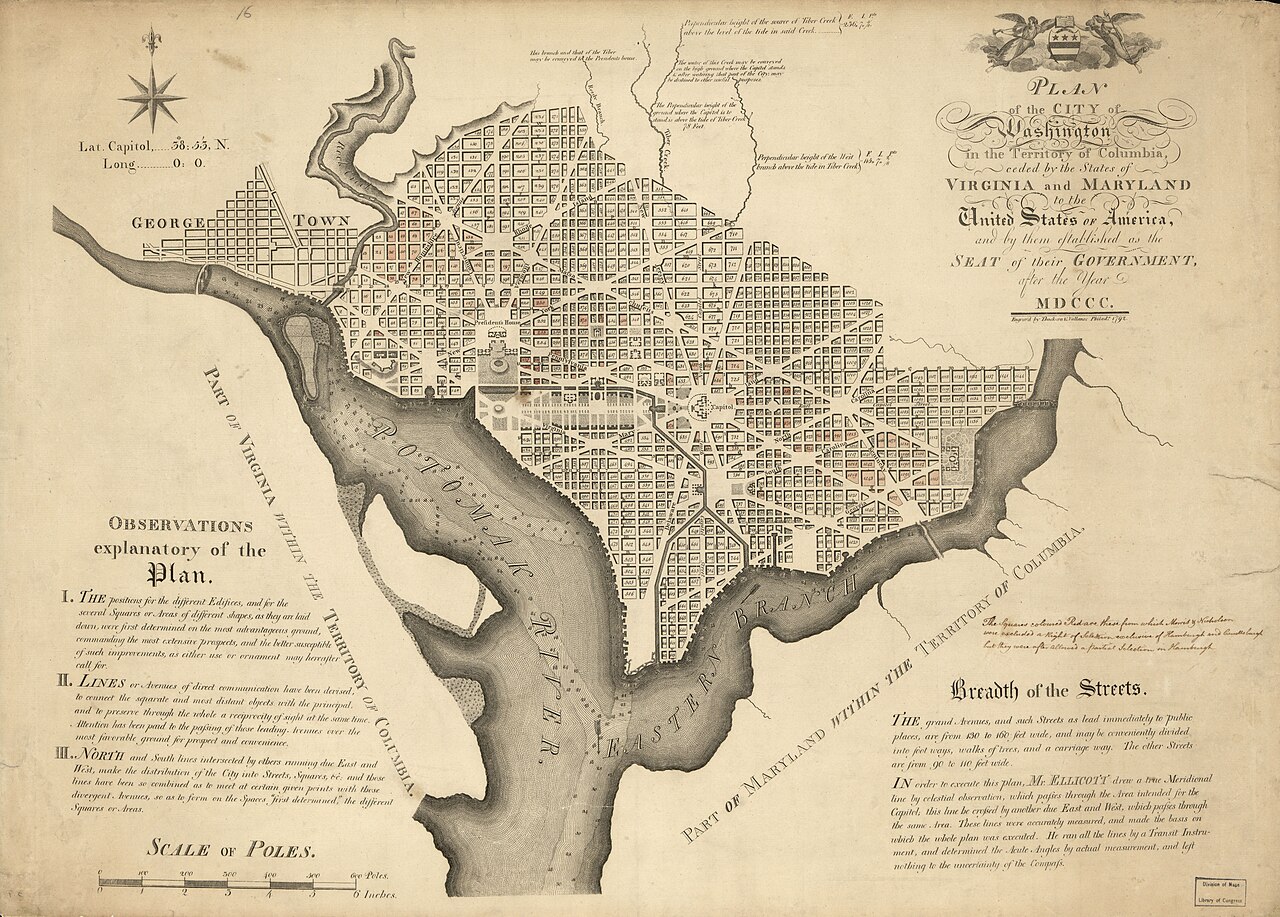 Andrew Ellicott’s 1792 engraved plan of Washington, showing streets, waterways, and proposed government buildings.