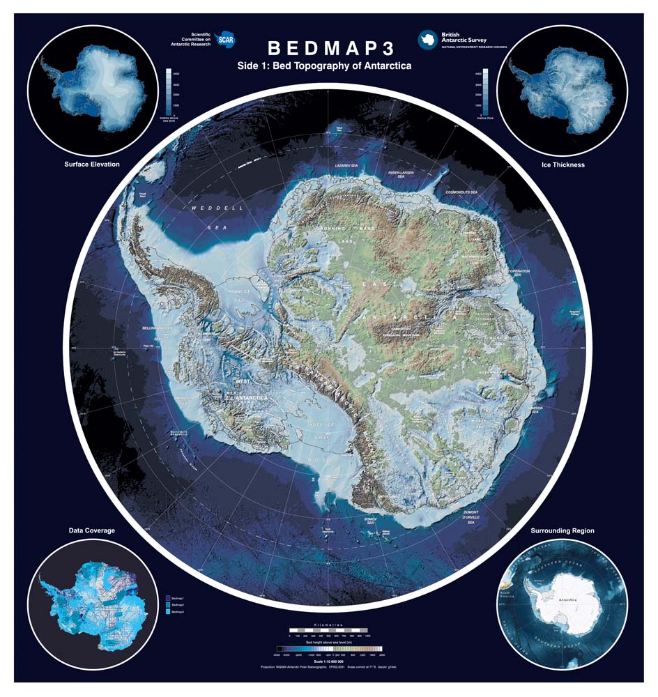 Bedmap3 map showing the elevation and form of the bedrock landscape beneath Antarctica's ice