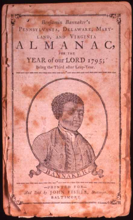 Woodcut associated with Benjamin Banneker on an edition of his 1795 almanac.