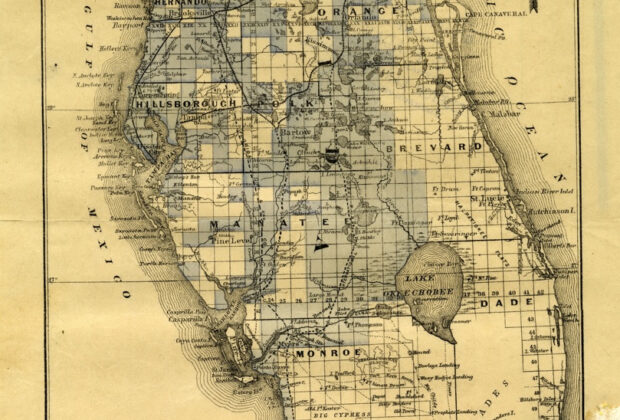Complete circa-1883 Bourquin map of the Florida peninsula, preserving the sheet's original tall proportions, blue company-land shading and company legend.