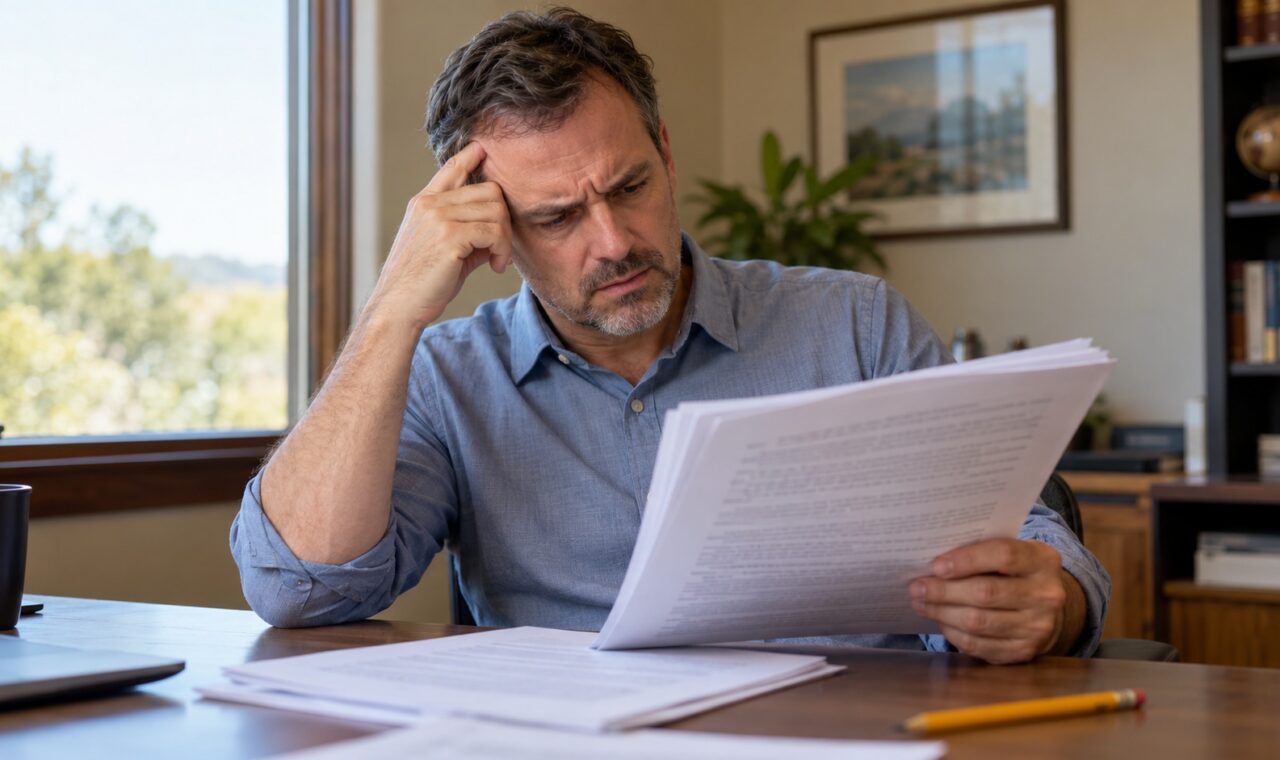 AI-generated editorial illustration of a puzzled man reviewing a thick legal-description document at a desk.