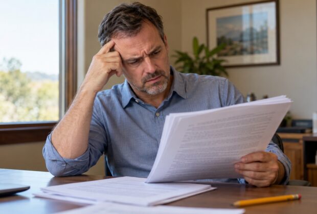 AI-generated editorial illustration of a puzzled man reviewing a thick legal-description document at a desk.