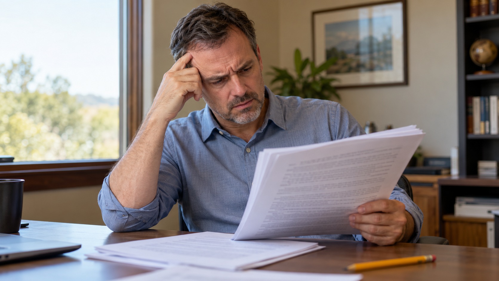 AI-generated editorial illustration of a puzzled man reviewing a thick legal-description document at a desk.
