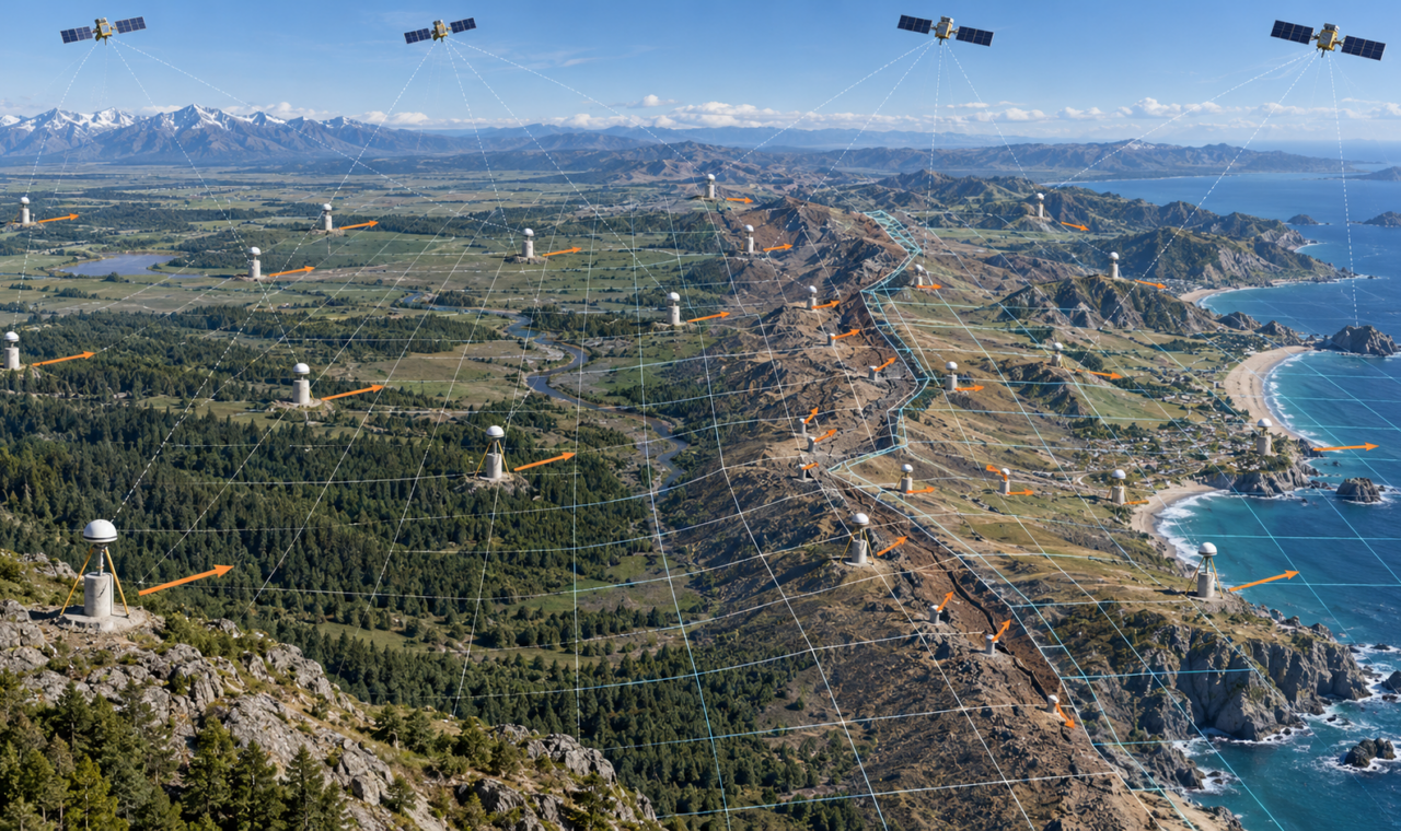 Conceptual GNSS reference network across a tectonically active landscape with offset coordinate grids and motion vectors showing plate movement and localized fault deformation.