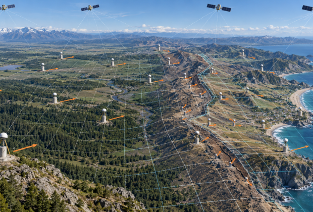 Conceptual GNSS reference network across a tectonically active landscape with offset coordinate grids and motion vectors showing plate movement and localized fault deformation.