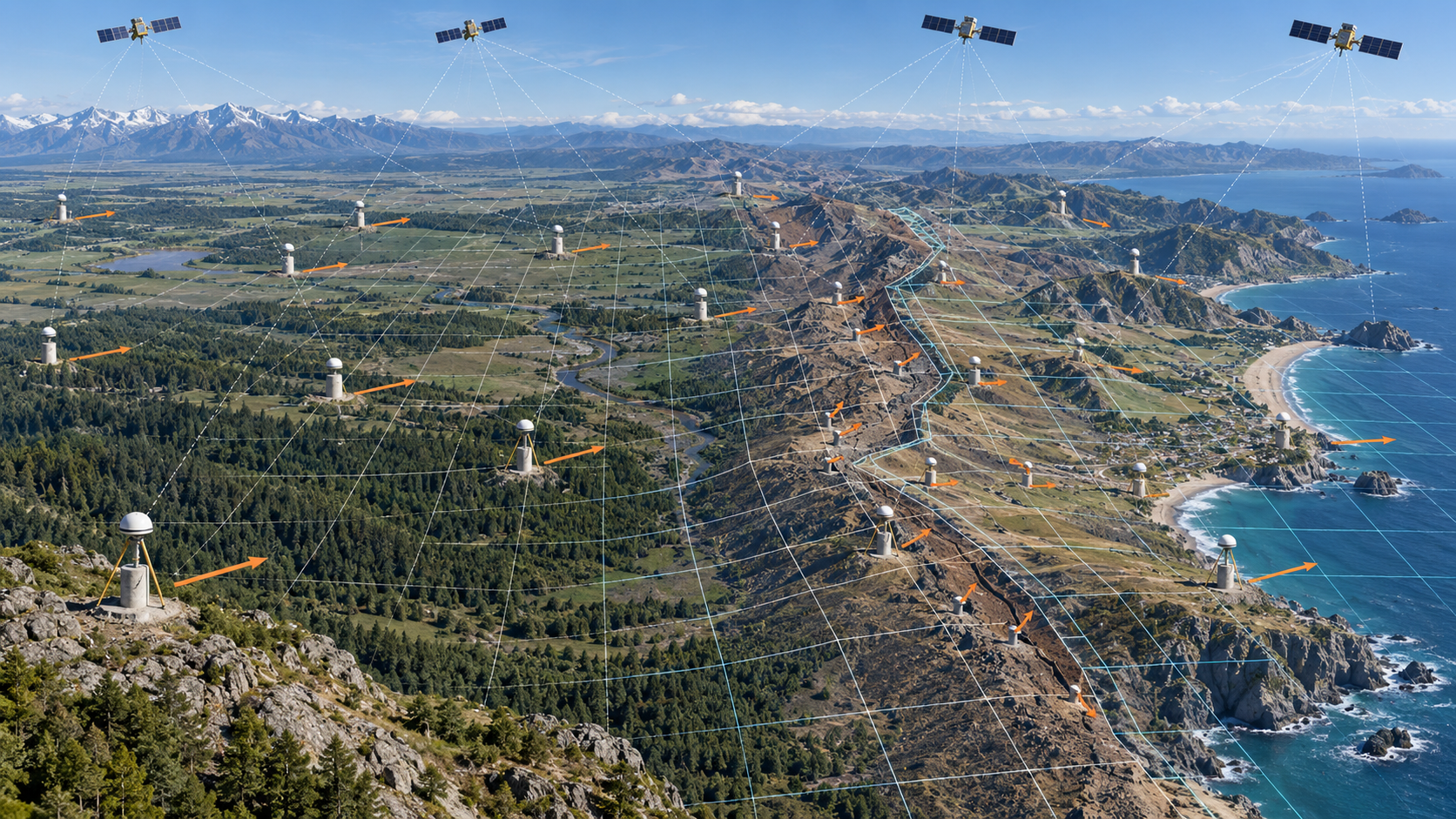 Conceptual GNSS reference network across a tectonically active landscape with offset coordinate grids and motion vectors showing plate movement and localized fault deformation.