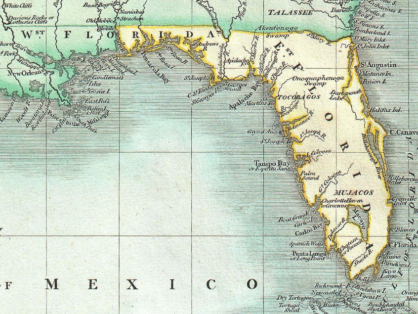 East and West Florida on a detail of John Cary’s 1803 map. This contemporary geographical context is not Ellicott’s boundary survey, and its political outlines reflect the mapmaker’s period understanding.
