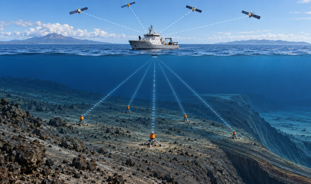 Conceptual cutaway showing a survey vessel receiving satellite positioning signals while acoustically ranging to an array of transponders on the deep seafloor near a tectonic trench.