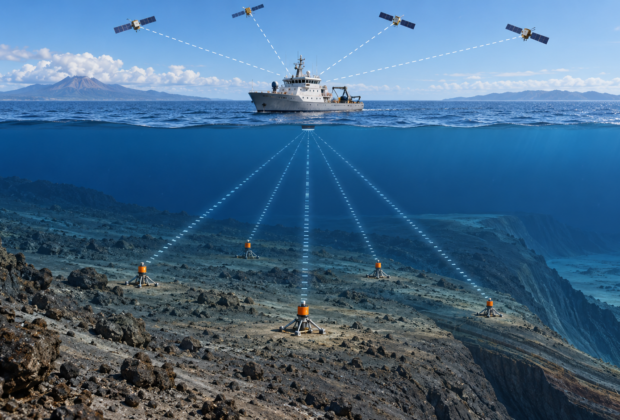 Conceptual cutaway showing a survey vessel receiving satellite positioning signals while acoustically ranging to an array of transponders on the deep seafloor near a tectonic trench.