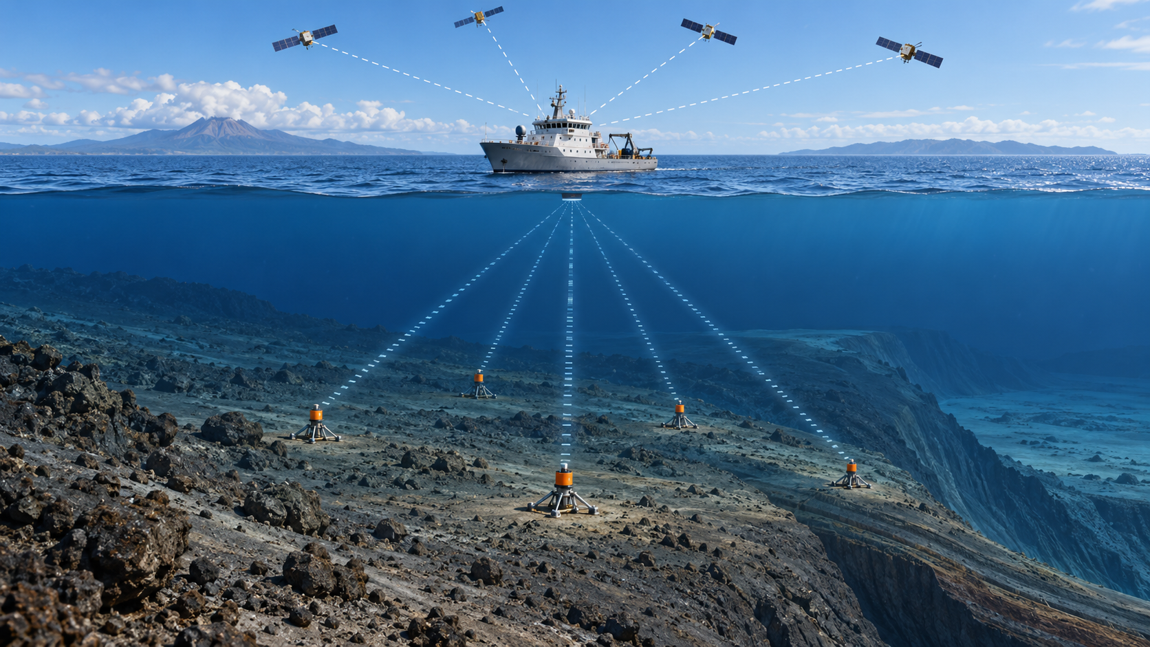 Conceptual cutaway showing a survey vessel receiving satellite positioning signals while acoustically ranging to an array of transponders on the deep seafloor near a tectonic trench.