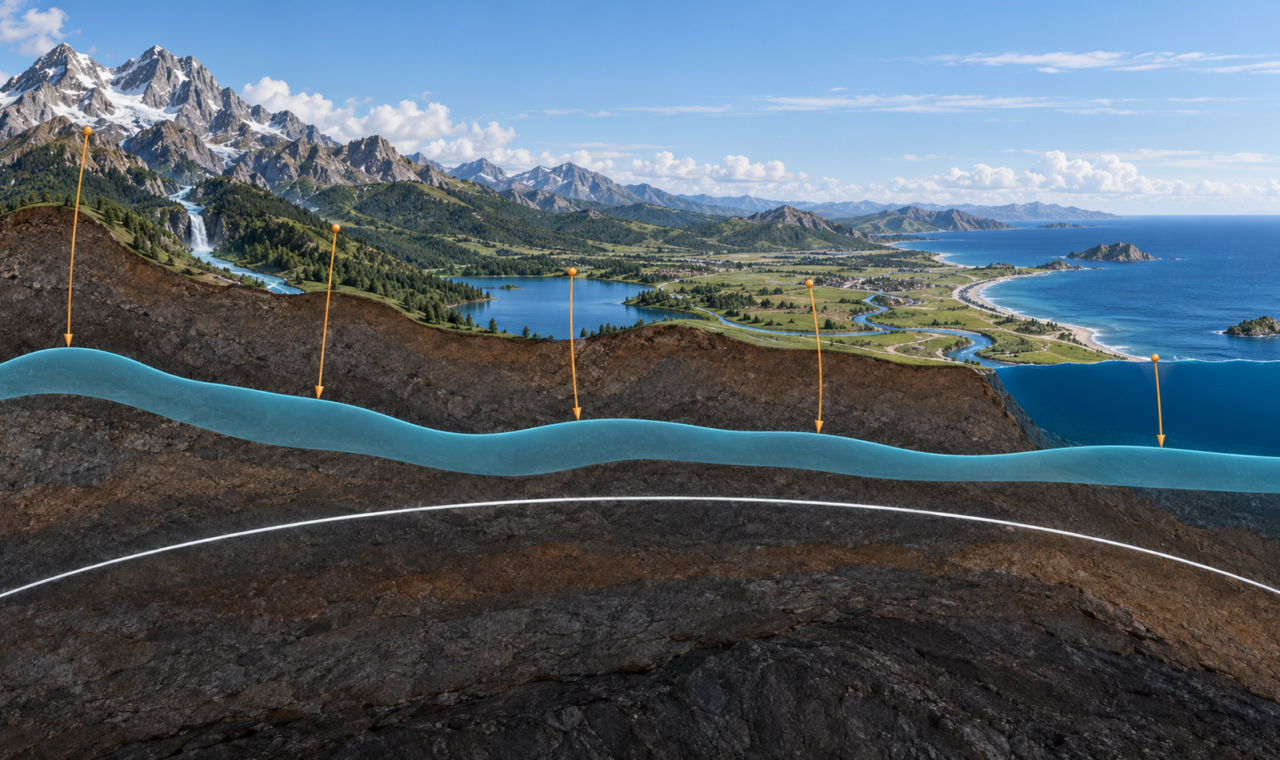 Conceptual terrain cross-section showing mountains, rivers, coast, an undulating gravity-based geoid surface, a smooth reference ellipsoid, and local plumb lines.