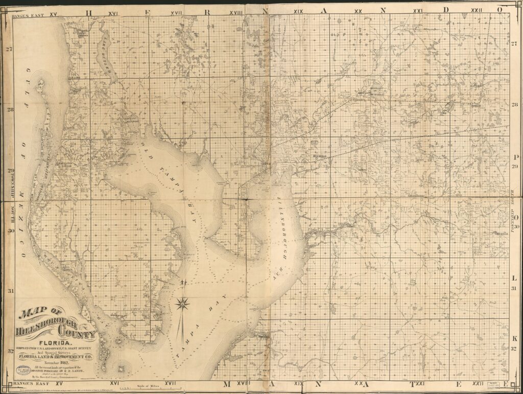 November 1882 Hillsborough County cadastral map showing Tampa Bay, the Pinellas peninsula, townships, sections, landowner names, and the original Disston-purchase or railroad-lands legend.