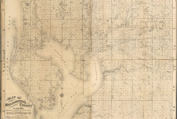 November 1882 Hillsborough County cadastral map showing Tampa Bay, the Pinellas peninsula, townships, sections, landowner names, and the original Disston-purchase or railroad-lands legend.